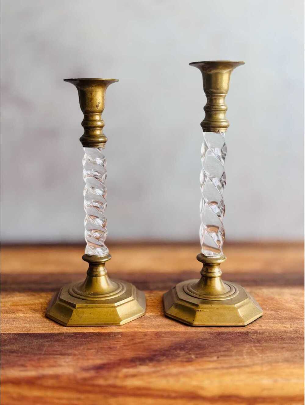 Vintage Brass Twisted Lucite Candlestick Holders | Barley Twist Taper Set